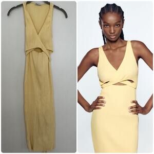 Zara Front Crossover Ribbed Midi Dress with Side Cutouts in Yellow